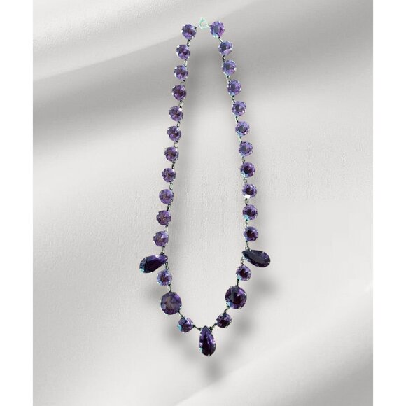 Amethyst Colored Rivière Necklace With Teardrop Accents 15” Glass Crystal - Picture 2 of 12